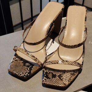 Snake-Print Strappy Block Heel Sandals - Beige Snake